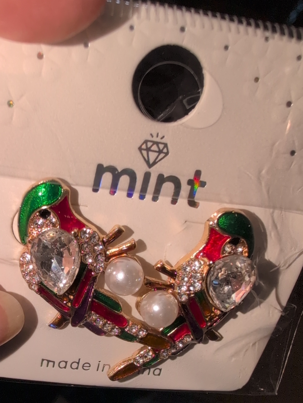 Mint Parrot Pearl & Crystal Statement Pierced Earrings - Red, Green, Gold